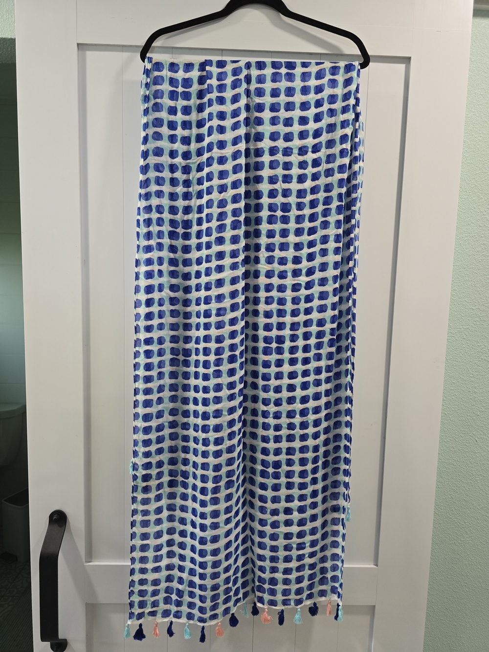 kate spade White Scarf with Blue Dot Grid and Multicolor Tassels